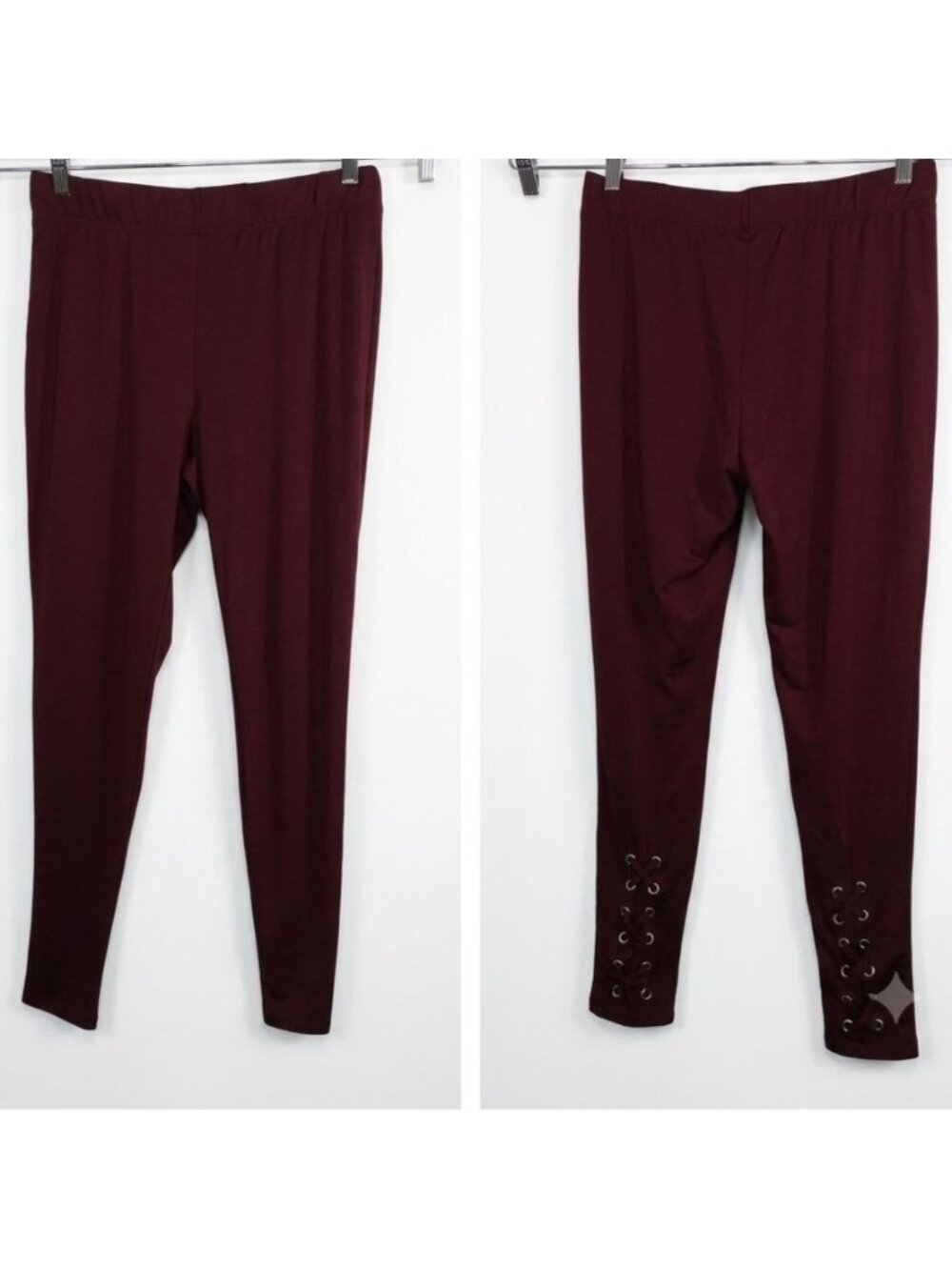 Rhonda Shear Red Burgundy Leggings Women Size L Lace-Up Ankle Skinny Pants
